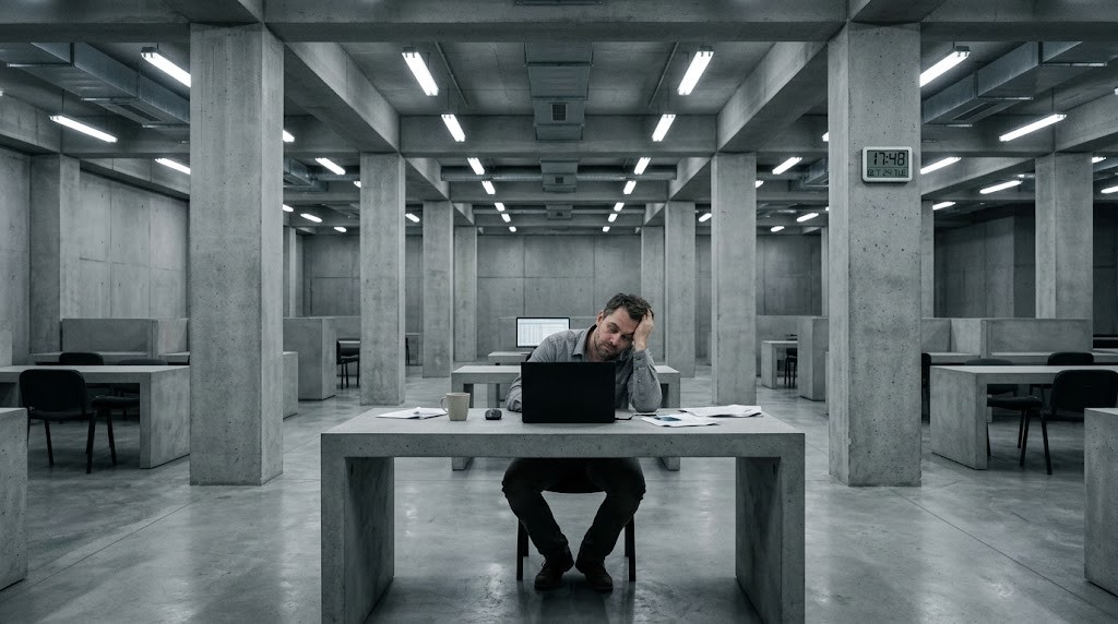modern ama beton yığını olan bi ofiste stresli çalışan