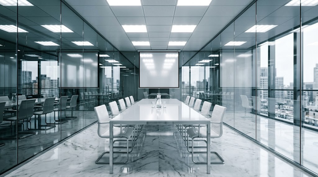 şeffaf camlardan yapılmış rahatsız edici bir ofis