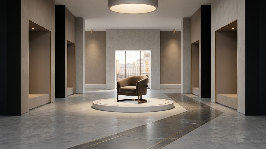 Prägnanz ilkesine uygun, geniş boşluklu ve odaklanmış aydınlatmalı modern showroom tasarımı
